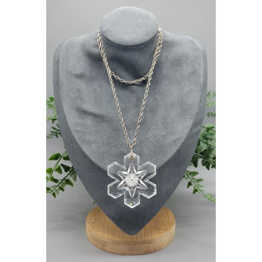Vintage Gorham 1975 Lead Crystal Clear Snowflake Silver Chain Pendant Necklace